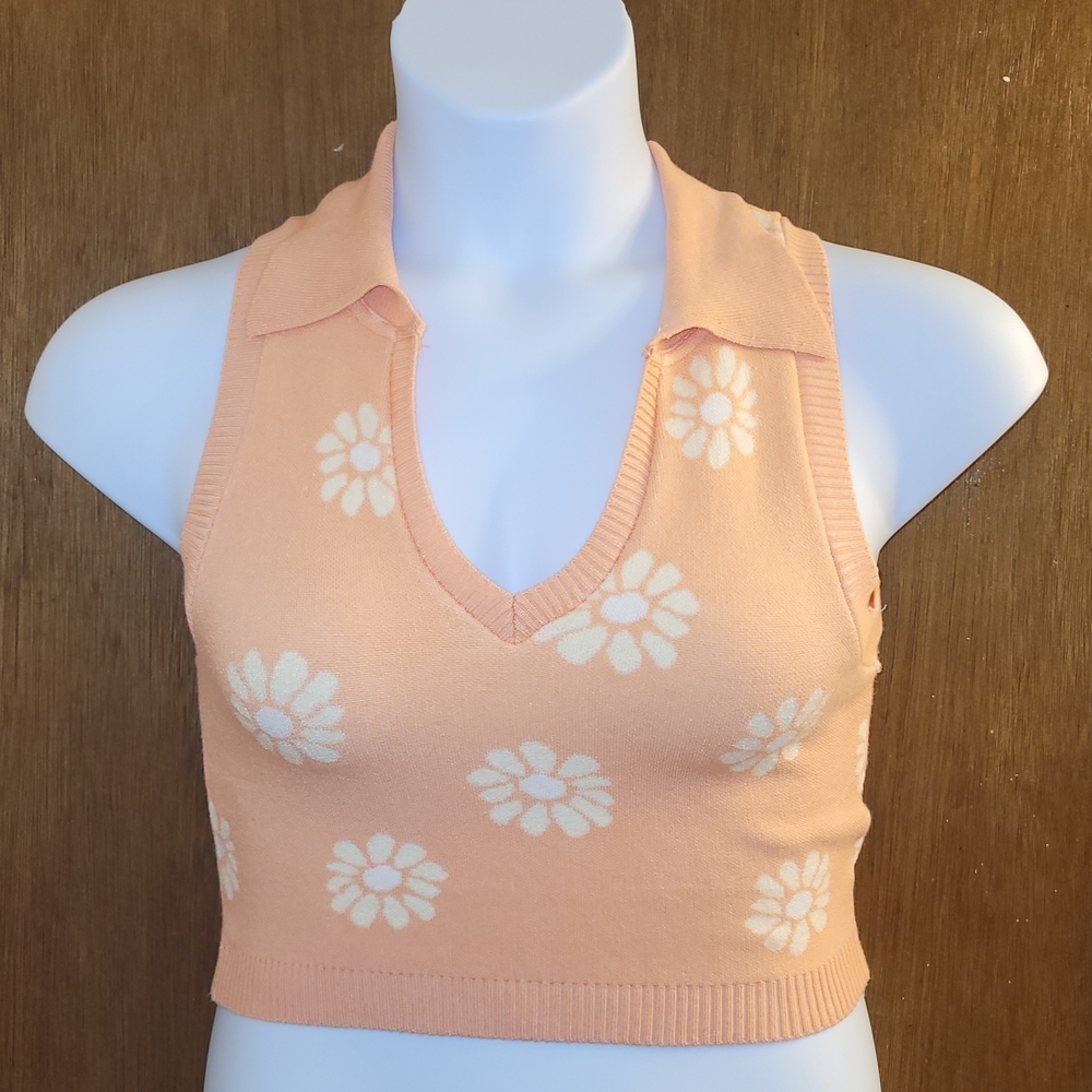 Altard State Women's Sz S Peach Daisey Sleeveless Crop Top Stretchy